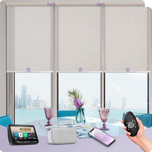 Graywind Motorized Light Filtering Shades Compatible with Alexa Google Rechargeable Remote Control Smart Blinds Automatic Window Shade with Valance for Home Office, Custom Size (Sheer Linen Beige)