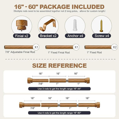 Wood Curtain Rods for Windows 28 to 48 Inches 1" Diameter Boho Decorative Heavy Duty Long Window Curtain Rod Adjustable with Solid Imitation Wood Grain Finials for Living Room Bedroom Kitchen