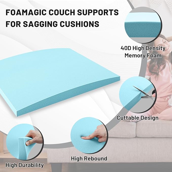 Couch Cushion Support, Sofa Cushion Support for Sagging Couch Seat, 22x22x2.4in, Couch Replacement Insert, High Density Foam Furniture Seat Sagging Repair, Trapezoid 40D, Blue Set of 3