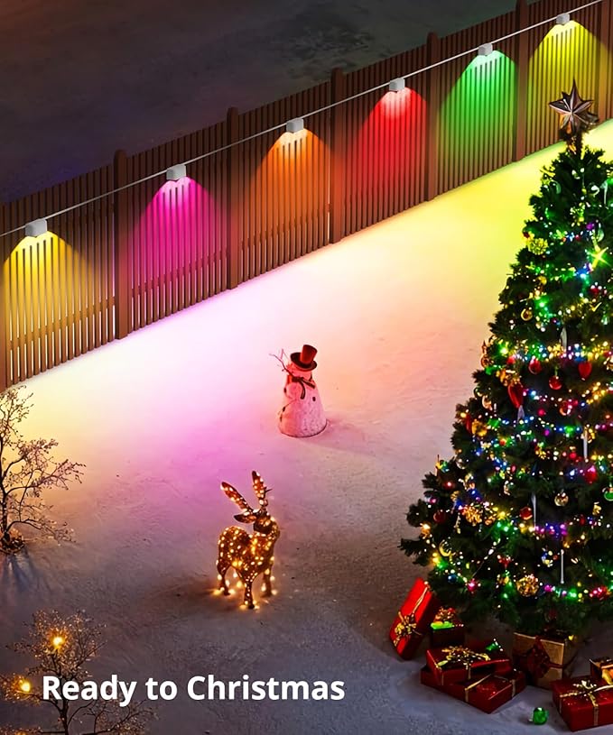Outdoor Deck Lights 8 Packs, Smart RGBCW Fence Light, 100+ Scene Modes, Dual Lens LED String Lights with APP/Voice/Remote Control, IP65 Waterproof for Halloween Christmas Decor, 52ft White