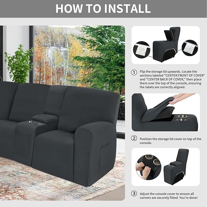 Easy-Going 100% Waterproof Recliner Console Cover, Stretch Middle Console Couch Covers for Reclining Sofas, Sectional L-Shape Furniture Protector for Kids & Pets, 1 Console Cover, Dark Gray
