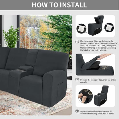 Easy-Going 100% Waterproof Recliner Console Cover, Stretch Middle Console Couch Covers for Reclining Sofas, Sectional L-Shape Furniture Protector for Kids & Pets, 1 Console Cover, Dark Gray