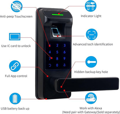 Harfo Fingerprint Door Lock, Heavy Duty Full APP Control Touchscreen Keypad Keyless Lock with Reversible Handle, Perfect for Home/Office/Bedroom Doors (Black)