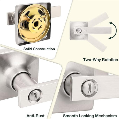 GOBEKOR 8 Pack Interior Door Handles Brushed Nickel Privacy Door Levers Square Bedroom Door Handles with Lock Privacy Door Levers Bathroom Lever