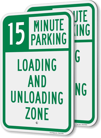 SmartSign 15 Minute Parking Loading And Unloading Zone Sign - 2 Pack, 18 x 12 inch, 2mm Thick Aluminum Composite, Green and White, Made in USA
