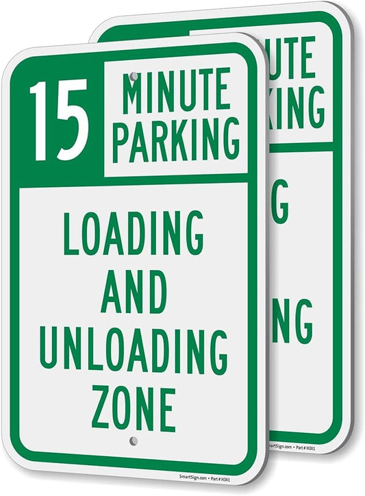 SmartSign 15 Minute Parking Loading And Unloading Zone Sign - 2 Pack, 18 x 12 inch, 2mm Thick Aluminum Composite, Green and White, Made in USA