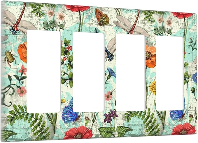 Dragonflies Flowers Butterfly 4 Gang Quad Rocker Outlet Light Switch Cover Decorative Wall Plate Cover For Home Living Bedroom Kitchen Decorative