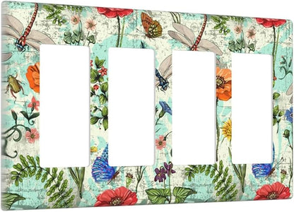Dragonflies Flowers Butterfly 4 Gang Quad Rocker Outlet Light Switch Cover Decorative Wall Plate Cover For Home Living Bedroom Kitchen Decorative