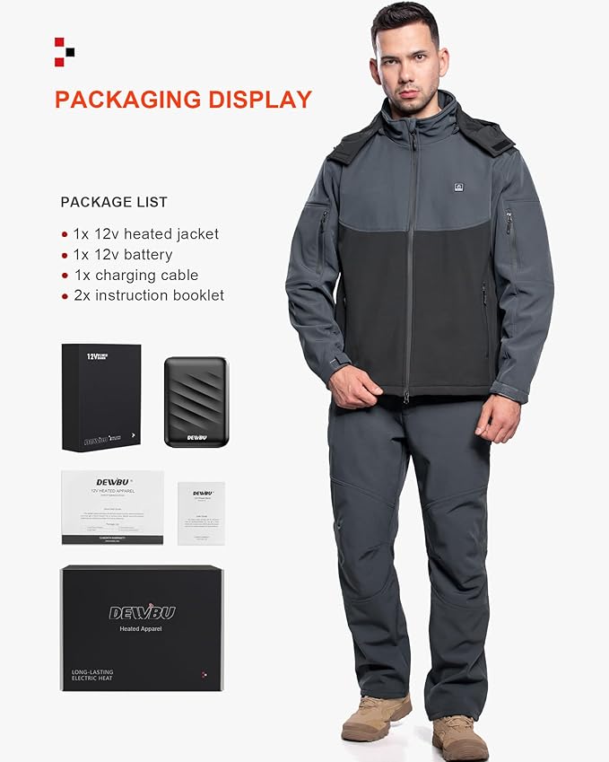DEWBU Soft Shell Heated Jacket for Men with 12V Battery Pack and Detachable Hood Outdoor Electric Heating Coat