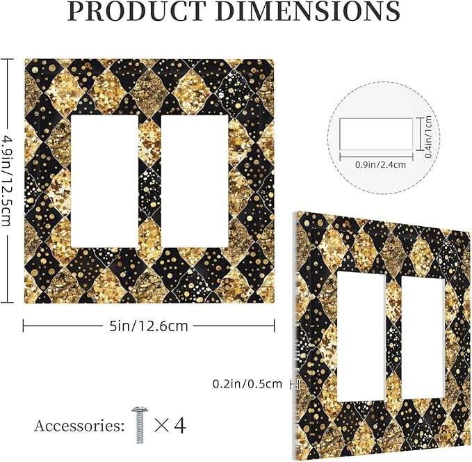 Gold Black Marble Geometric Plaid Glitter Decorative Outlet Covers 2 Gang Double GFCI Rocker Light Switch Cover Plate Electrical Wall Panels for Bedroom Bathroom Decor
