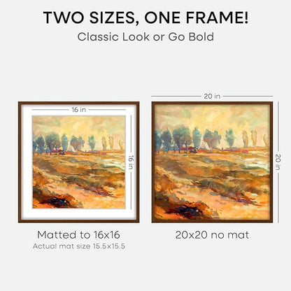 Homeforia 20x20 Brown Picture Frame, High End Dark Oak 20 x 20 Square Wood Frame with Mat 16 x 16 for Photo, 20by20 Wooden Walnut Poster Frame Matted to 16x16 Print, Tempered Glass, Wall Kit, Set of 1