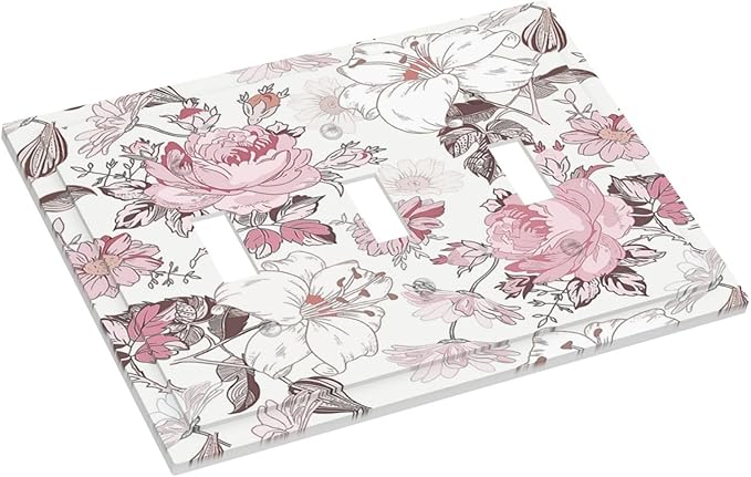 Decorative Switch Plates Modern Watercolor Flower Pink White Wildflower 3 Gang Wall Plate Faceplate Triple Toggle Light Switch Cover Electrical Wall Panels for Bedroom Home Decor