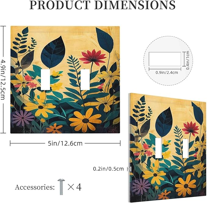 Abstract Minimalist Floral Botanical Boho Flower 2 Gang Double Toggle Light Switch Cover Decorative Switchplate Electrical Wall Plates Faceplate for Bathroom Bedroom Decor 4.9 X 5 IN