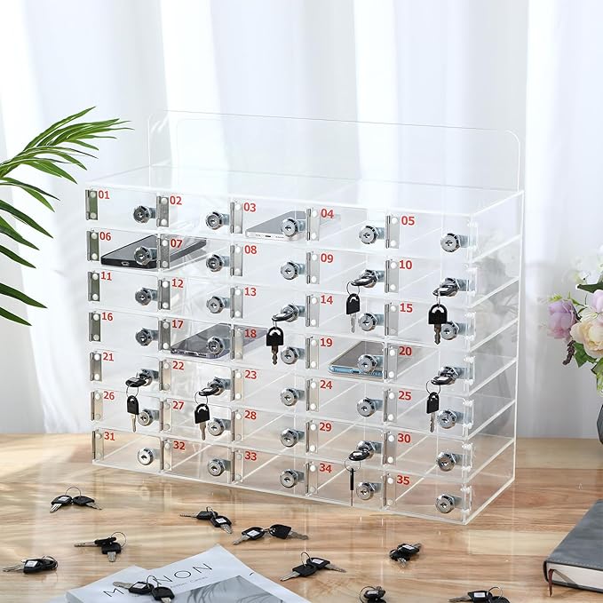 Threan 35 Slot Cell Phone Storage Box, Clear Cell Phone Storage Cabinet Wall Mounted, Including Door Locks and Keys for Office School Factory Classroom Students Staff