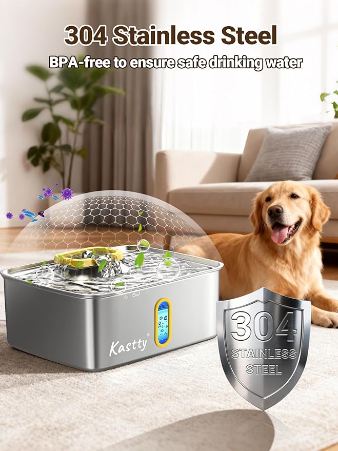 Kastty 3.96 Gal Dog Water Fountain for Large Dogs, 15L Stainless Steel Pet Water Fountain, QuietTriple Filtration Dog Water Bowl Dispenser with Water Level Window and LED Light Easy Clean(FS78,Yellow)