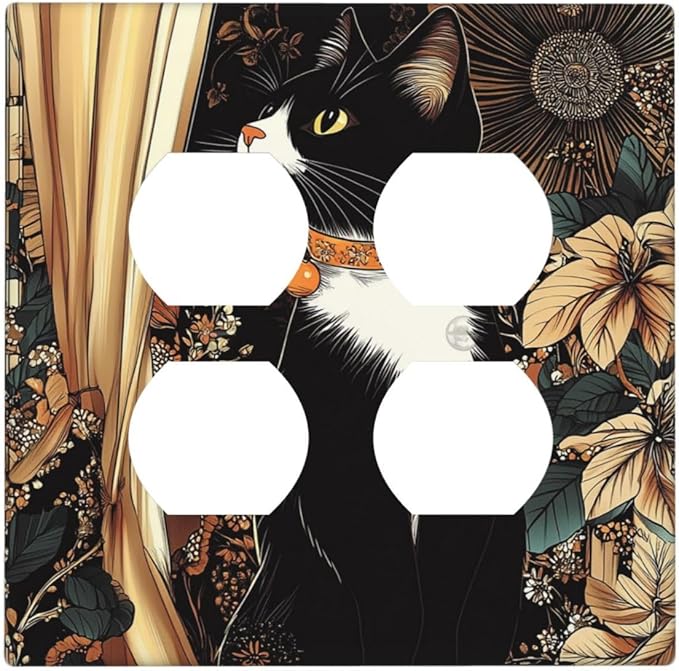 Outlet Covers Boho Mandala Floral Black Cat Vintage Flower 2 Gang Double Duplex Decorative Light Switch Covers Electrical Wallplates Socket Faceplate For Farmhouse Home Decor