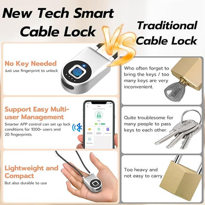 Fingerprint Cable Lock, eLinkSmart Fridge Locks with Bluetooth APP Control, Biometric Smart Padlock for Adults Baby Proof Cabinet Refrigerator French Door Cabinet Gate Locker Bike, 14.9'' Long Silver