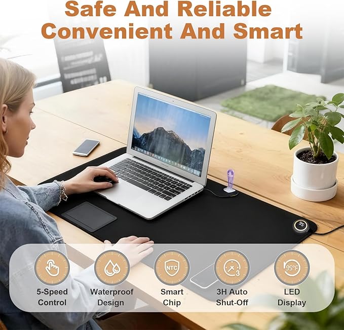 Heated Desk Pad - 31.5" x 13" Heated Mouse Pad 5 Heat Levels & 3 Hours Auto Shut-Off Waterproof & Leakage-Proof PU Heated Desk Mat for Home Office & Gaming(Black)
