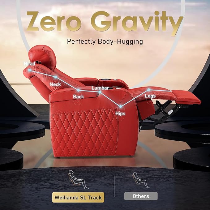 Weilianda Home Theater Seating Top Grain Leather Zero Gravity Recliner Chair Power Headrest Recline Movie Seat Gaming 7 Colors Mood Light Sofa with Tray Table USB Charge Row of 5 Loveseat Right Red