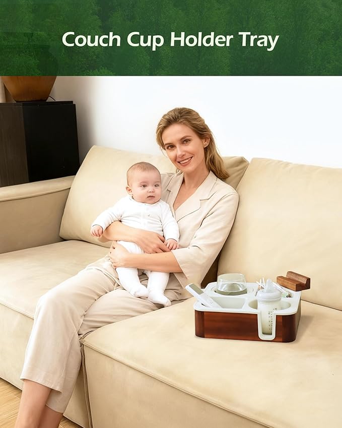 Couch Cup Holder Tray, Acacia Wood Couch Caddy With Cup Holder, Non-Slip Couch Organizer for Drinks, Snacks Remotes, Rounded Corners And Mug Slot Black
