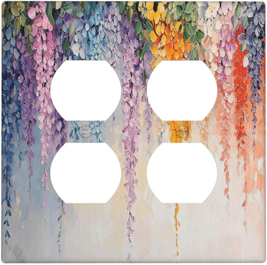 Colorful Wildflower Wisteria Cascade Floral Flower Outlet Covers 2 Gang Double Duplex Decorative Light Switch Covers Electrical Wallplates Socket Faceplate for Bedroom Living Room Decor