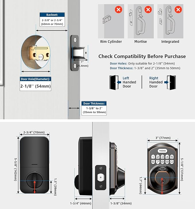TEEHO TE002 Fingerprint Door Lock - Keyless Entry Door Lock - Electronic Keypad Deadbolt - Smart Locks for Front Door - Auto Lock - Easy Installation - Oil-Rubbed Bronze
