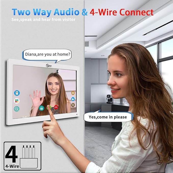 ANJIELO SMART Wired Video Doorbell Apartment Intercom System,4 Family Units 10 Inch Touch Monitor,3 in 1 Unlocking,Dual Way Intercom Motion Detection Tuya for Villa Home (1 Doorbell(w)+ 4 Monitor(w))