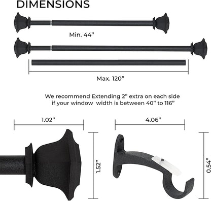 Deco Window Adjustable Curtain Rod for Windows 44 to 120 Inch (Pack of 1) Extendable Heavy Duty 1 Inch Iron Drapery Pole with Finials Wall Mounted French Door Curtain Rods (Dark Stone)