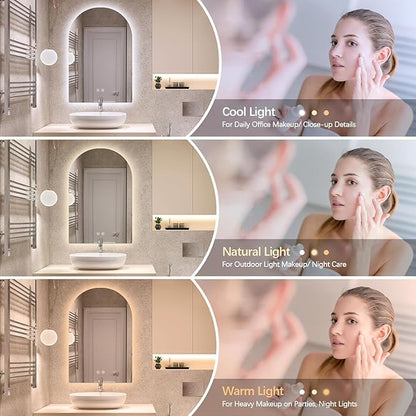 Niccy Arched LED Bathroom Mirror, 51x27 Inch Arch Frameless Backlit Mirrors for Wall Arched Lighted Vanity Mirrors Defogger and 3 Color, Explosion-Proof, HD Glass and IP65 Waterproof