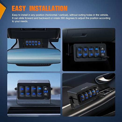 Nilight 5 Gang Rocker Switch Box 5 Holes Panel Detachable Installation Housing Waterproof Aluminum Rotatable Mount Bracket 12V 24V DIY Toggle Switches Voltmeter USB Socket for Boats Cars RVs Trucks