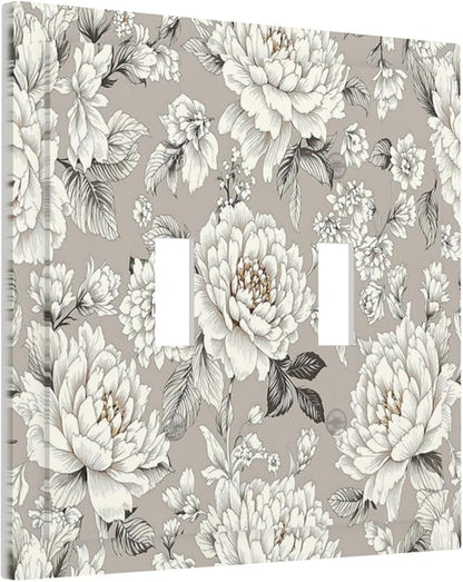 White Poppies Floral Modern Grey Peonies Flowers Decorative Switch Plates 2 Gang Double Toggle Outlet Light Switch Cover Wall Plate Electrical Faceplate for Bedroom Bathroom Decor