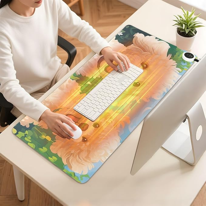 Heated Desk Pad Mouse Pad 31.5x13 Inch PU Leather Desk Mat with 3 Heat Levels Large Mouse Gaming Computer Laptop Mat Spring Running Poodle Dogs