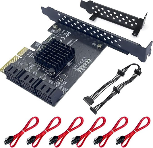 PCIe SATA Expansion Card 6 Ports 4X with ASM1166 Chip - 6Gbps, Gen 3 Controller Adapter, Non-Raid, with 6 SATA Cables & Low - Profile Bracket, Plug and Play for Windows XP/7/8/10, Linux, MAC OS