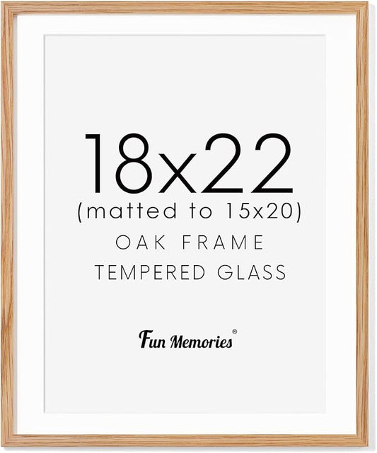 Fun Memories 18x22 Picture Frame, Solid Oak Wood for Wall, Poster Frame With Real Glass, Matted for 15x20, Home Decor (Natural Oak Color, 1 Pack)