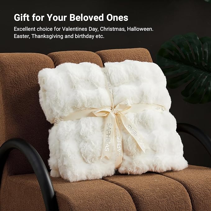 SAPHREAS Faux Fur Throw Blanket for Couch, Fluffy Fuzzy Bubble Blanket for Sofa Bed Living Room, Decor Soft Cozy Gifts for Women Men, 60x80” Cream White