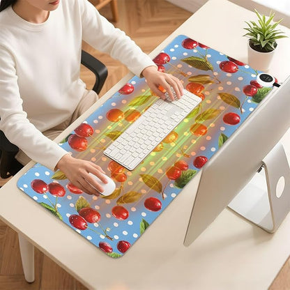 Heated Desk Pad Mouse Pad 31.5x13 Inch PU Leather Desk Mat with 3 Heat Levels Large Mouse Gaming Computer Laptop Mat Blue Dots Red Cherry