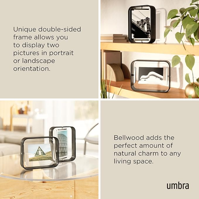 Umbra Bellwood 5x7 Desk Picture Frame with Bent Wood Trim and Two-Sided Rotating Display, Black