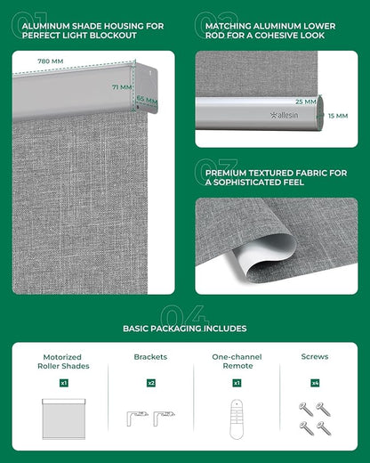 Allesin Motorized Roller Blinds – Rechargeable Smart Shades with Remote & Quiet Motor, Top/Bottom Aluminum Rails, Alexa-Compatible for Window (Custom Size, 100% Blackout Stone-Weave)