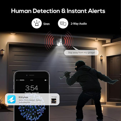 Kittyhok 2K Solar Home Security Camera System, Smart Human Detection, Spotlight, Forever Power, 10CH NVR, 0 Monthly Fee, KBS4084 Bundle with Battery Powered PT Solar Camera BY4