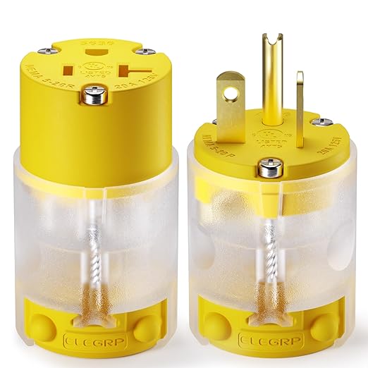 ELEGRP Lighted Straight Blade Electrical Plug and Connector Set 20 Amp 125 Volt NEMA 5-20P NEMA 5-20R 2 Pole 3 Wire Grounding, Commercial Grade, Yellow, 1 Set