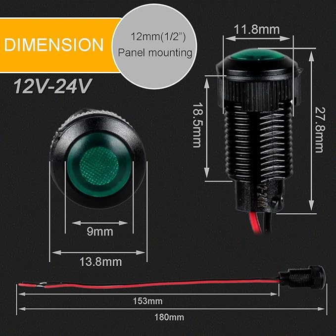 5pcs 12mm 12V-24V LED Indicator Light Plastic Black Signal Dot Lamp 12V-24V 1/2 inches Mounting Hole Size with 15cm/5.9in. Wire (Green LED)