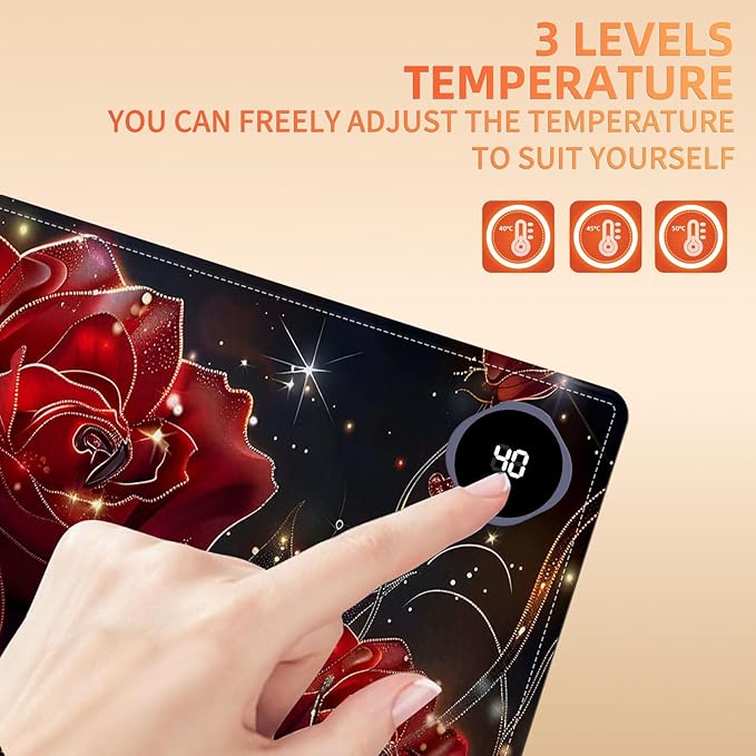 Heated Mouse Pad, Warm Desk Pad, Keyboard Mat 31.5 x 13 Inch Large Size Intelligent Fast Heating, 3 Speed Adjustable, Timed Auto Power Off for Game Office Home,Flowers Roses