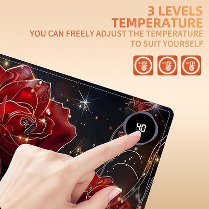 Heated Mouse Pad, Warm Desk Pad, Keyboard Mat 31.5 x 13 Inch Large Size Intelligent Fast Heating, 3 Speed Adjustable, Timed Auto Power Off for Game Office Home,Flowers Roses