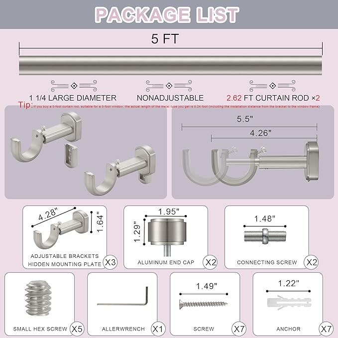 Heavy Duty Curtain Rods,1 1/4" Large Diameter Premium Nonadjustable Curtain Rod,60in/5ft Custom Window Treatment Rods with Durable Aluminum Brackets and End Caps,Brushed Nickel Finish