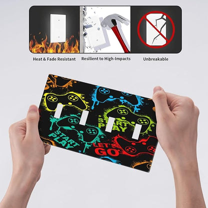 Decorative Light Switch Plate Covers Gamepad Theme Graffiti 4 Gang Light Switch Cover Quad Toggle Wall Plate Outlet Covers for Game Room Bedroom Home Decor
