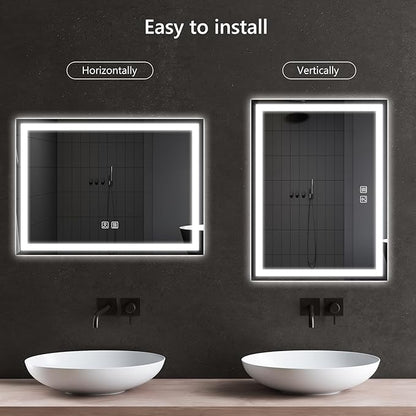 APRILSOUL 40x32 Inch LED Bathroom Mirror with Front and Backlit, Makeup Mirror with 3 Color Lights, Memory Function, Anti-Fog and Dimmable Light (Horizontal)