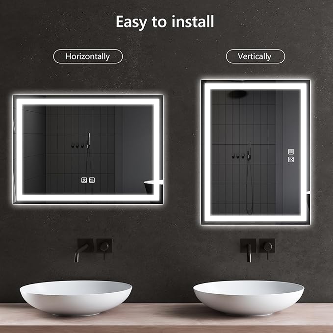 APRILSOUL 48x32 Inch LED Bathroom Mirror with Front and Backlit, Makeup Mirror with 3 Color Lights, Memory Function, Anti-Fog and Dimmable Light (Horizontal)