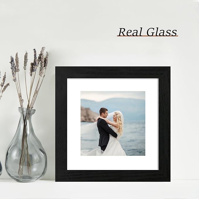 iRahmen 8x8 Picture Frames Set of 4 with High Definition Real Glass, Black Frames Display 6x6 Picture with Mat or 8x8 Without Mat, Wood Square 8 x 8 Photo Frame for Wall Mount and Tabletop Display