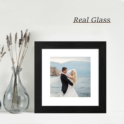 iRahmen 8x8 Picture Frames Set of 4 with High Definition Real Glass, Black Frames Display 6x6 Picture with Mat or 8x8 Without Mat, Wood Square 8 x 8 Photo Frame for Wall Mount and Tabletop Display