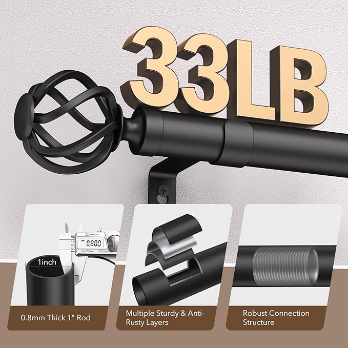 2 Pack Curtain Rods for Windows 66 to 120, 1 Inch Adjustable Decorative Long Black Curtain Rod with Twisted Cage End, Modern Heavy Duty Indoor Outdoor Drapery Rods for Patio, Size 32"-120"